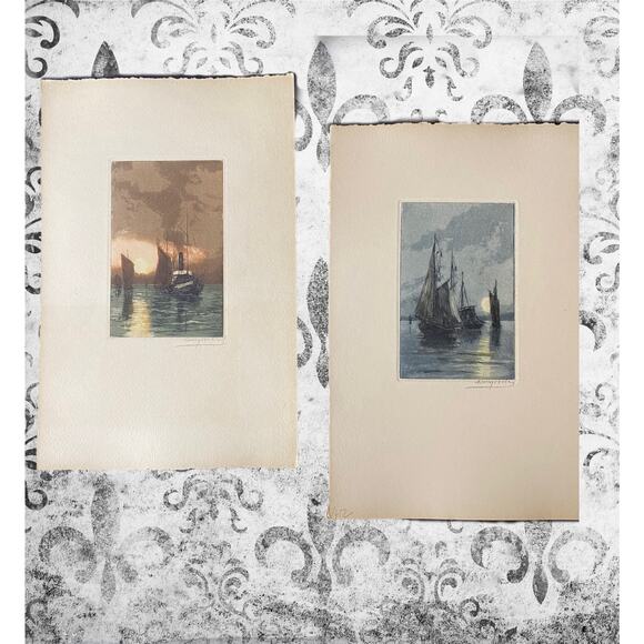 Huguet — Hand-Colored Aquatint Etchings, Twilight Fishing Boats (Pair) - Picture 1 of 15